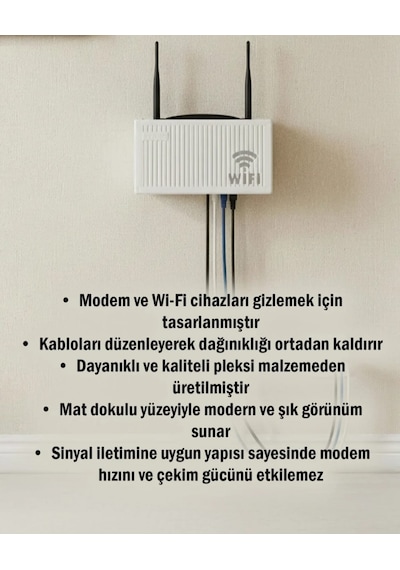 Wifi Modem Saklama Kutusu Plastik Malzeme İle 15x25x6 Cm Boyutlarında Şık Duvar Tipi Yapışkanlı Vida Hediyedli 2 Adet Beyaz - Gri