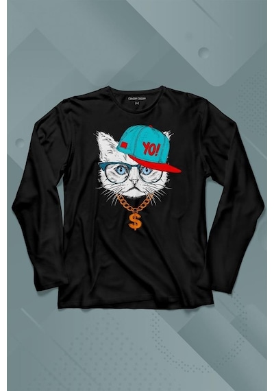 Gözlüklü Kedi Cat Glasses Yo Momy Dolar Uzun Kollu Tişört Baskılı Çocuk T-shirt 001
