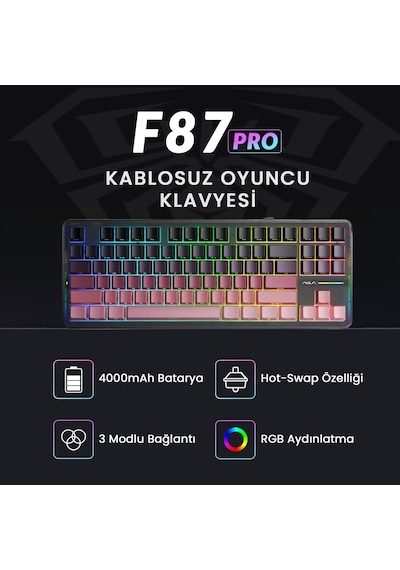 Aula F87 Pro Mekanik Rgb Tkl Graywood V4 Switch Kablosuz Makrolu Hot Swap Klavye Gradyan Pembe