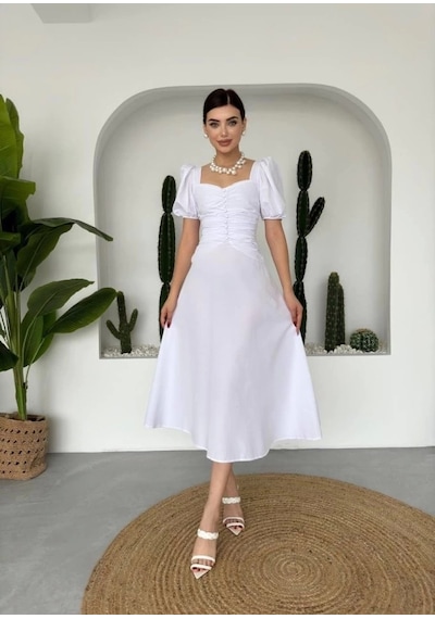 Defymoda Kare Yaka Düğmeli Elbise Beyaz