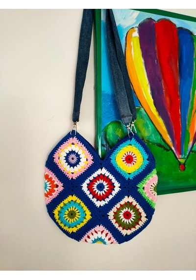 Newdaycraft El Örgüsü Tığ İşi Bohem Kare Motif Renkli Tote Çanta Çok renkli