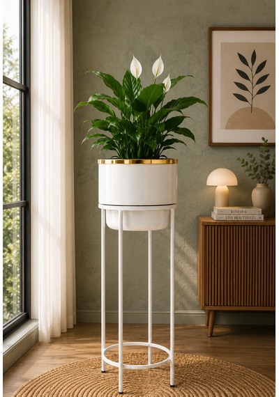 Bitkidunyam Mat Ayaklı Saksı, Metal, Altın Detaylı Kenar, Modern Minimalist Stil, İç Mekan, 62x26 Cm No:12 Beyaz