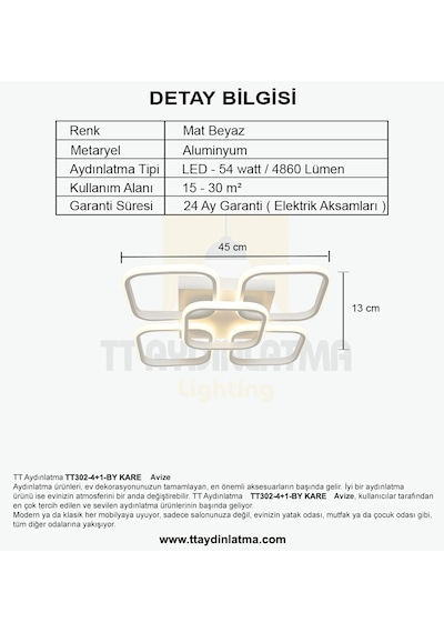 Tt302-4+1-By Kare Tt Aydınlatma Mat Beyaz 5 Li Led Avize