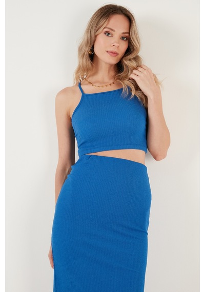 Lela Slim Fit Ip Askılı Yırtmaçlı Bayan Takım 5865278 Saks