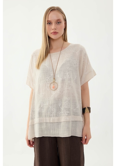 Vitrin %100 Keten Çiçekli Oversize Bluz Bej