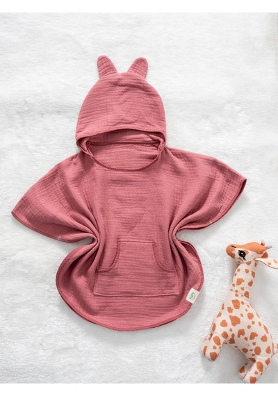 Organik Pamuk, Kapüşonlu Müslin Çocuk Pançosu - Pembe 12 - 36 Ay