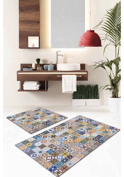 Mavi Çini Desen Banyo Halısı Klozet Takımı Paspas Seti Bs042n11