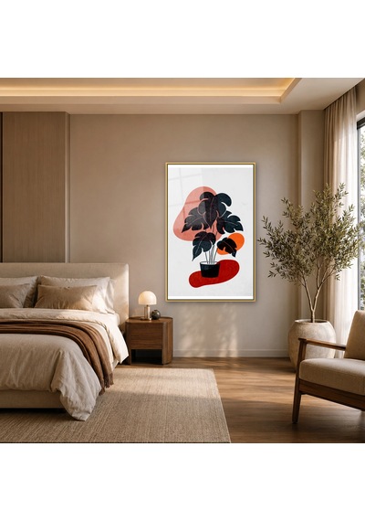 Saksıda Minimal Monstera Gold Çerçeveli Cam Tablo
