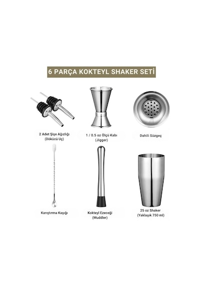 Polham 6 Parça 750ml Paslanmaz Çelik Kokteyl Shaker Seti Ev Ve Bar İçin İdeal, Sızdırmaz Kapaklı