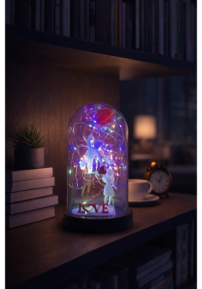 Fanus İçinde Çift Figürlü Love Yazılı Peri Led Dekoratif Sevgili, Yıl Dönümü, Doğum Günü Hediyesi Beyaz Kırmızı