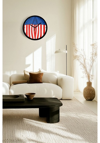 Amerikan Bayrağı Tasarımı Modern Duvar Saati - 30cm - Önü Camlı Siyah Kasa - Sessiz Mekanizma-jh0679 Siyah