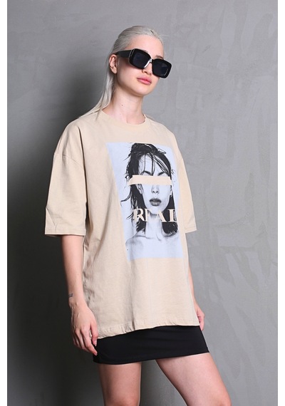 Madmext Bej Oversize Baskılı Kadın Tişört Mg1764-bej Bej