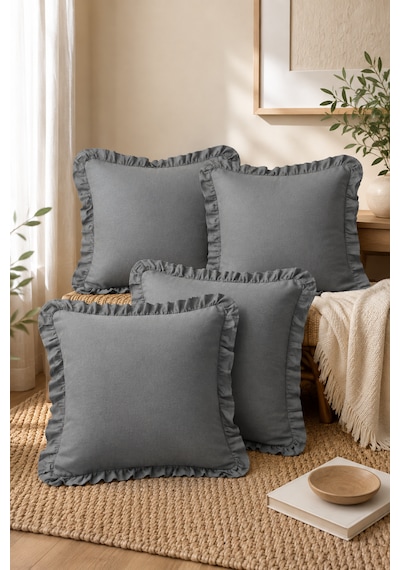 4 Lü Antrasit Fırfırlı Dekoratif Kırlent Kılıfı %100 Pamuk 45x45 Cm