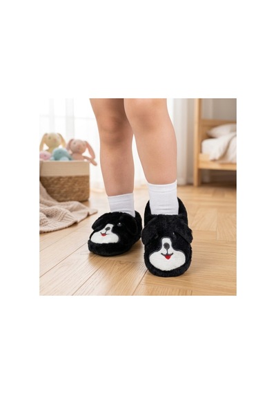 Modafocus Çocuk Köpekli Peluş Panduf - Siyah Siyah