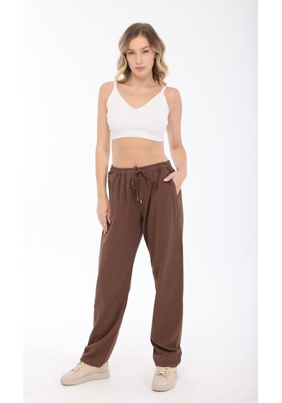 Blayn Jeans Blayn Kadın Taba Keten Dokulu Yüksek Bel Bol Paça Beli Bağcıklı Pantolon Kahverengi