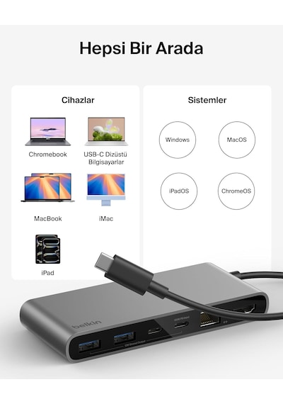 Belkin Connect 8 Portlu Usb-c Hub, 4k 60hz'100 W Pd, 10 Gbps Veri Aktarım Hızı Ve 2,5 Gbps Ethernet - Gri