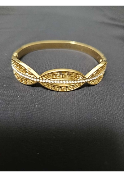 Kadın Gold Renk Antik Desenli Kelepçe Bilezik - Zirkon Taşlı 6 Cm Standart Boy Bileklik Altın