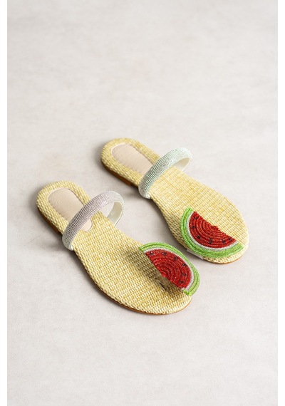 Dabab Shoes Melony Kadın Hasır Taban Taşlı Karpuz Detaylı Yazlık Düz Taban Terlik Çok Renkli