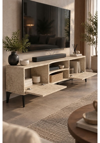 Sulorahome Ekru Traverten Desenli Suntalam Tv Sehpası 160x35 Cm