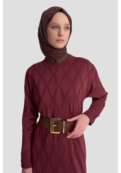 Armine Trend Baklava Desenli Triko Elbise Bordo 25ytd957