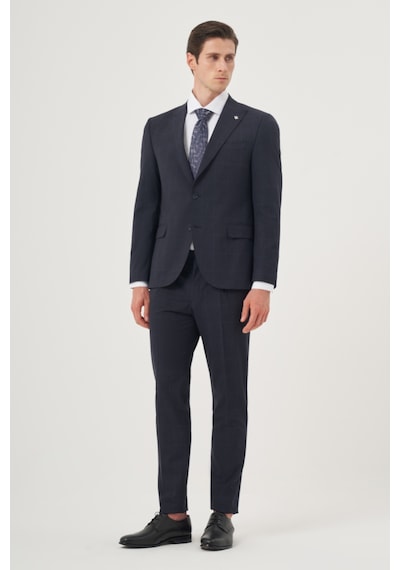 Morven Erkek Lacivert Yünlü Trend Ekoseli Slim Fit Sivri Yaka Takım Elbise 26mc001013200 Lacivert