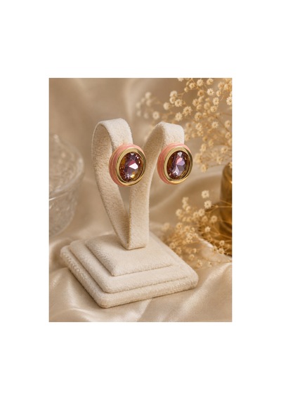 Rosen Sarı Gold Detaylı Zirkon Taşlı Vintage Görünümlü Şık Modern Kadın Küpe Pembe