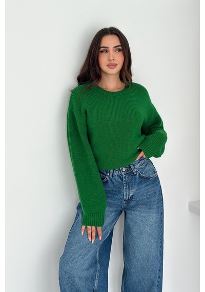 Femelle Yeşil Kadın Oversize Basic Triko Kazak - Standart Beden