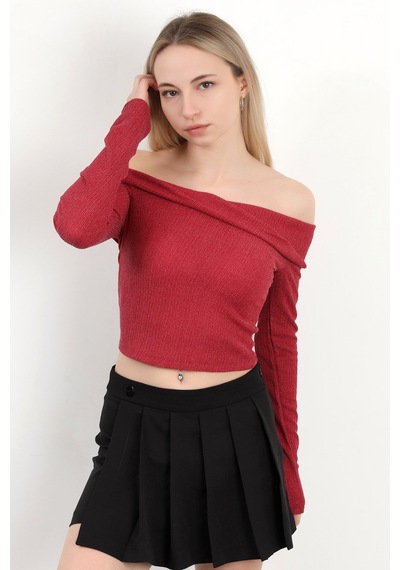 Giysa Kadın Madonna Yaka Uzun Kollu Bürümcük Bluz Bordo - Ms0000589 Bordo