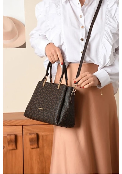 Just Polo Kadın Baskılı Ayarlanabilir Askılı Shopper El & Omuz Çantası Shoulder Bag Kahverengi