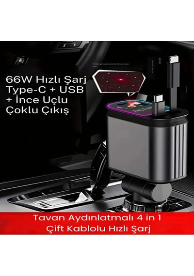 66w Led Işık Yıldızlı Tavan 3.4a Type-c + Araç Usb Çakmaklık Hızlı Şarj Cihazı Tüm Araçlara Uyumlu