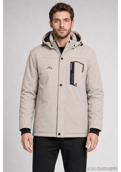 Freemen Erkek Kapüşonlu İçi Kürklü Su Ve Rüzgar Geçirmez Outdoor Softshell Mont-414 Taş