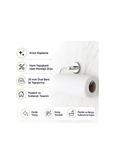 İris Solo Havluluk, Krom Kaplama, Yapışkanlı Ve Vidalı Montaj, 35 Mm Oval Bantlı Rulo Havlu Askısı Cok Renkli