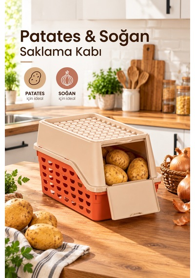 Porsima 8.5 Lt. Hava Delikli Plastik Patates Ve Soğan Saklama Kutusu 26 Cm - Önü Açılır Kapaklı Kiler Ve Mutfak Düzenleyici Sepet Kiremit / Bej