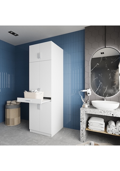 Piramit Çamaşır Ve Kurutma Makinesi Dolabı Banyo Dolabı Beyaz Beyaz