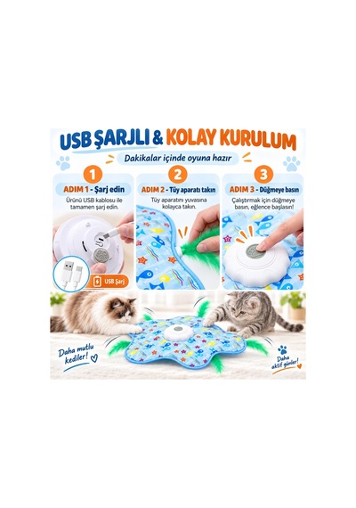 İnteraktif Kedi Oyuncağı - Otomatik Hareketli Tüy, Saklambaç Oyun Matı - 3 Modlu, Dokunmatik Aktivasyonlu, Usb Şarjlı Elektronik Evcil Hayvan Eğlence Oyunu