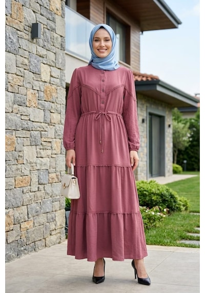 Hb Harma Time Butik Kadın Dantel Detaylı Bel Bağcıklı Pembe Ayrobin Elbise