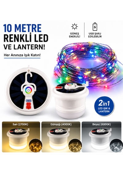 Yx-669 Taşınabilir Güneş Enerjili Kamp Lambası - Çok Modlu + Dahili 10 Metre İp Ledli Bahçe Aydınlatması