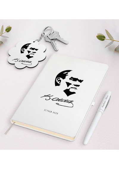 Kişiye Özel Atatürk Temalı Beyaz Defter Kalem ve Anahtarlık N11.2014 Beyaz