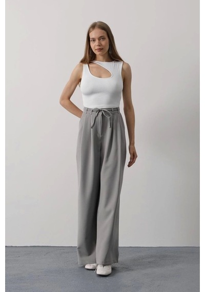 Defymoda Pileli Bağcıklı Oversize Pantolon - Gri Gri