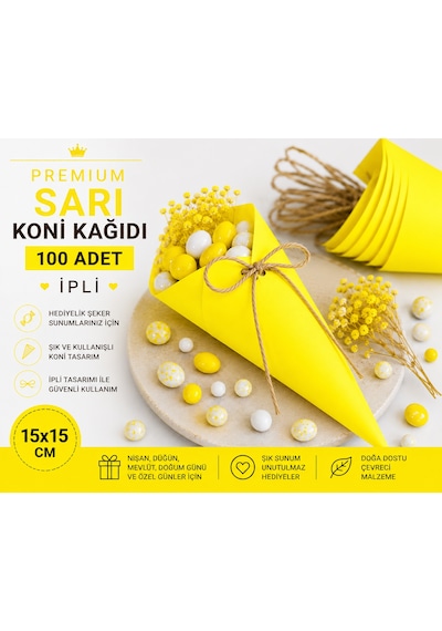 Premium Sarı Koni Kağıdı 100 Adet İpli Hediyelik İkram Ve Şeker Sunum Külahı