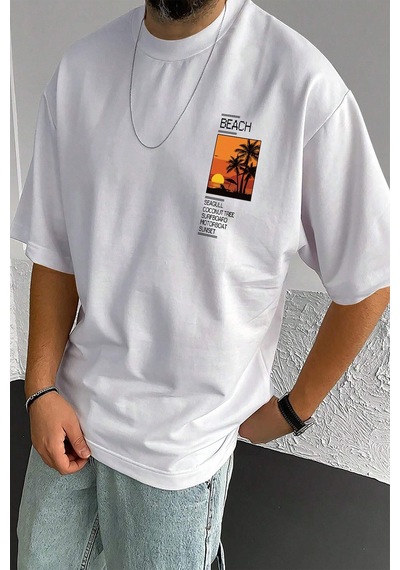 Erkek Beach Baskılı Oversize Tshirt Beyaz
