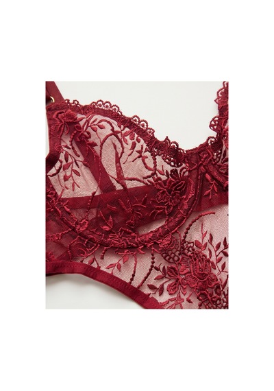 Arona Çiçek Desenli Dantelli Bordo Transparan Bodysuit Bordo - 889407047 Bordo