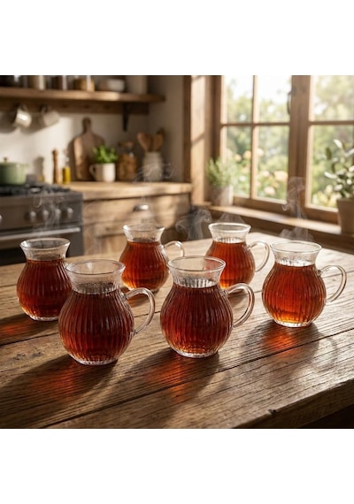 6'lı Kulplu Borosilikat Fitil Desenli Cam Çay Bardağı Seti - Geniş Ağızlı Tombul Tasarım, Isıya Dayanıklı Çay Takımı 180ml çok renkli