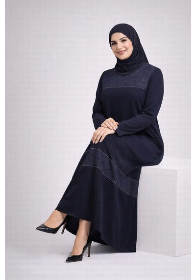 Hira Life Fashion Kadın Önü Desenli Taş Detaylı Düz Tessetür Elbise Lacivert Lacivert