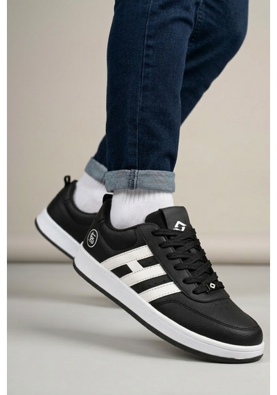 Papuç Sepeti 037 Erkek Rahat Taban Sneakers Spor Ayakkabı SİYAH-BEYAZ