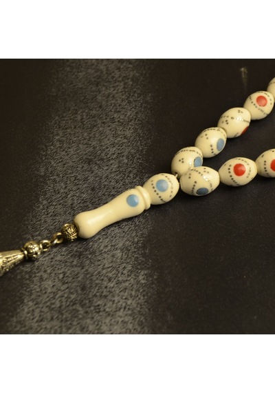 Burhan Sağlam Arpa Kesim Mineli 11 x 7 MM Deve Kemiği Alpaka Püsküllü Tesbih Çok Renkli 78838770
