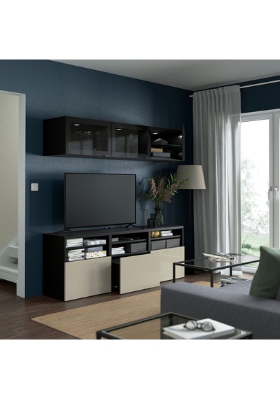 Tv Ünitesi, Venge-parlak Cila-bej-füme Cam, 180x42x192 Cm, Selsvıken/glassvık, Fren Raylı Gri Tv Ünitesi, Venge-parlak Cila-bej-füme Cam, 180x42x192 Cm, Selsvıken/glassvık, Fren Raylı Gri