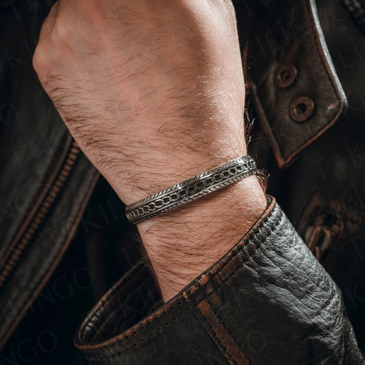 925 Ayar Gümüş Zincir Desenli Vintage Model Açık Cuff Hediye Erkek Bileklik Gümüş
