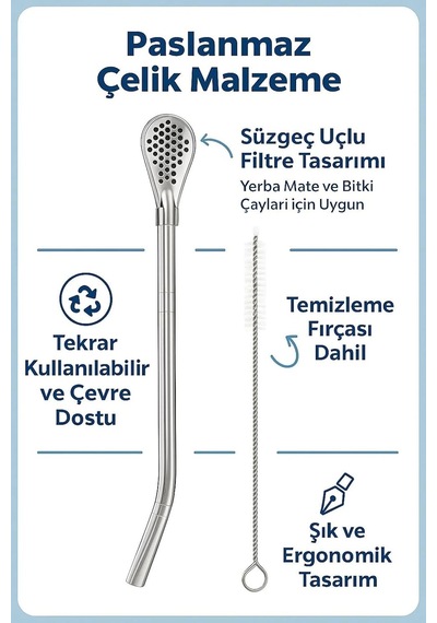 Süzgeç Uçlu Metal Pipet Seti, Filtreli Kaşık Pipet, Temizleme Fırçası Dahil, Kokteyl Sunum Bitki Çayı Ve Yerba Diğer