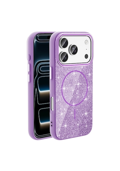 Apple Uyumlu iPhone 17 Pro Kılıf M-safe Şarj Özellikli Parlayan Simli Zore Okso Kapak Mor